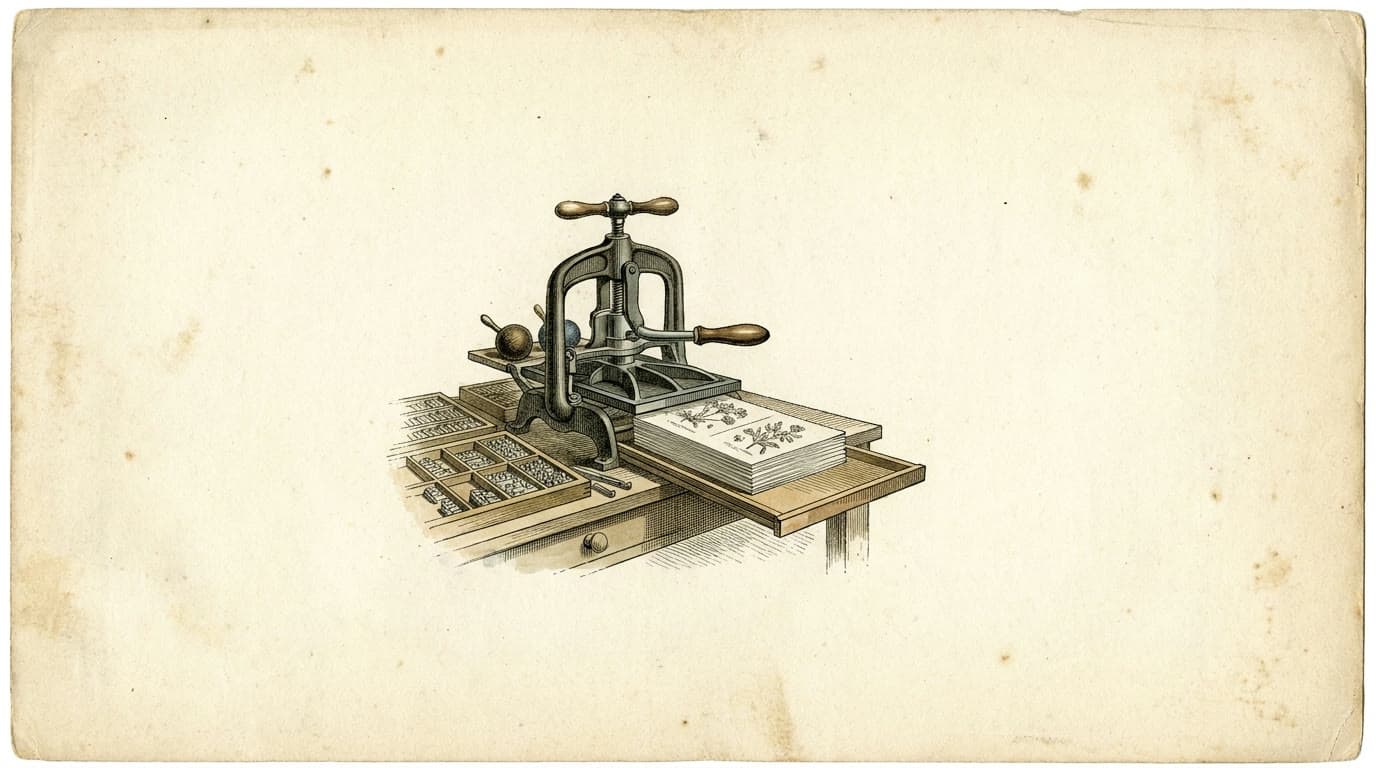 Antique engraving of a small printing press producing an orderly stack of pages