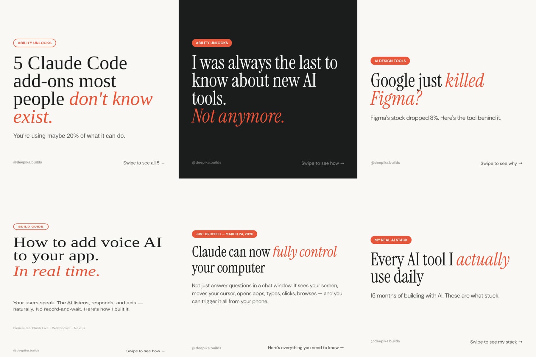 Six real carousel covers produced by the pipeline — Claude Code add-ons, new-AI-tools tracking, Google Stitch, voice AI, computer use, and the daily-stack roundup