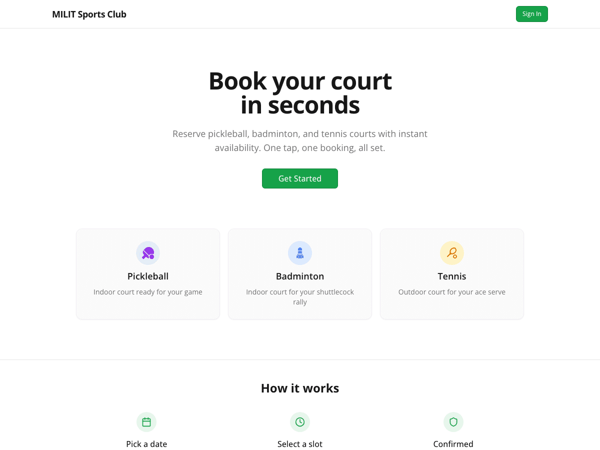 MILIT Sports Club booking app — 'Book your court in seconds' hero with pickleball, badminton, and tennis court cards