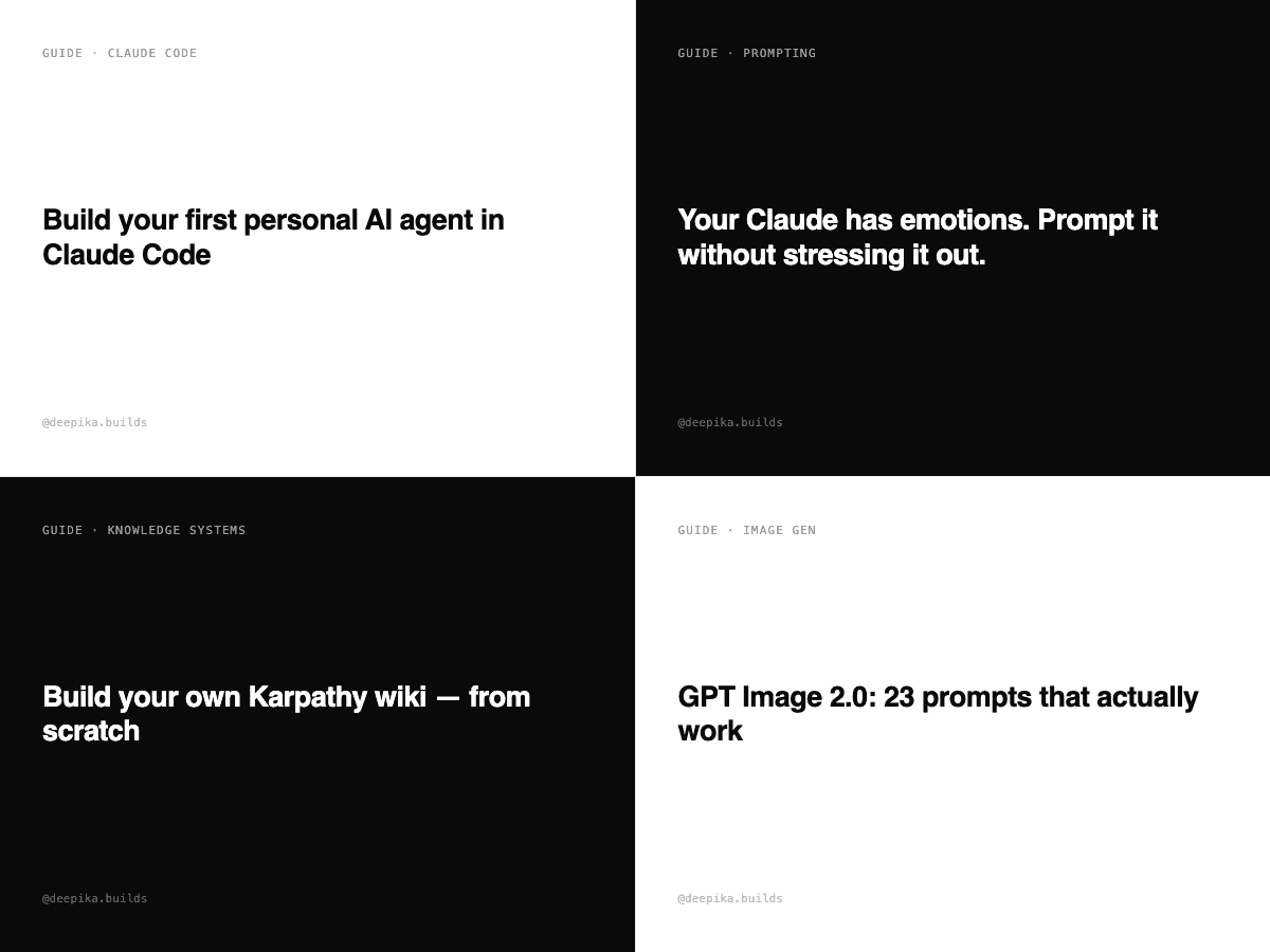 Grid of four carousel covers — Claude Code add-ons, Google Stitch, AI tools I use daily, and Claude computer use