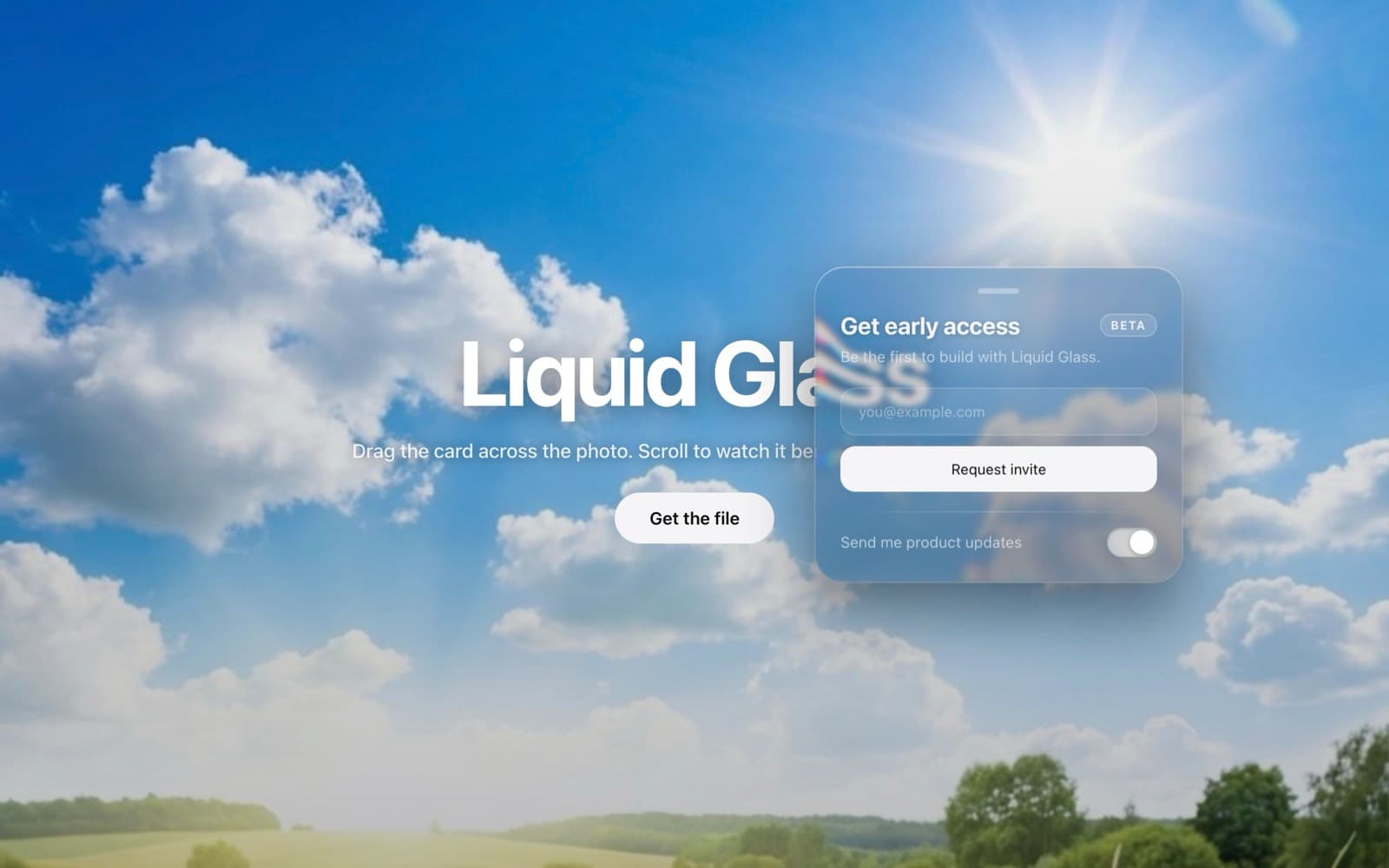 Liquid Glass demo — a translucent card bending the headline and a sunlit meadow sky behind it