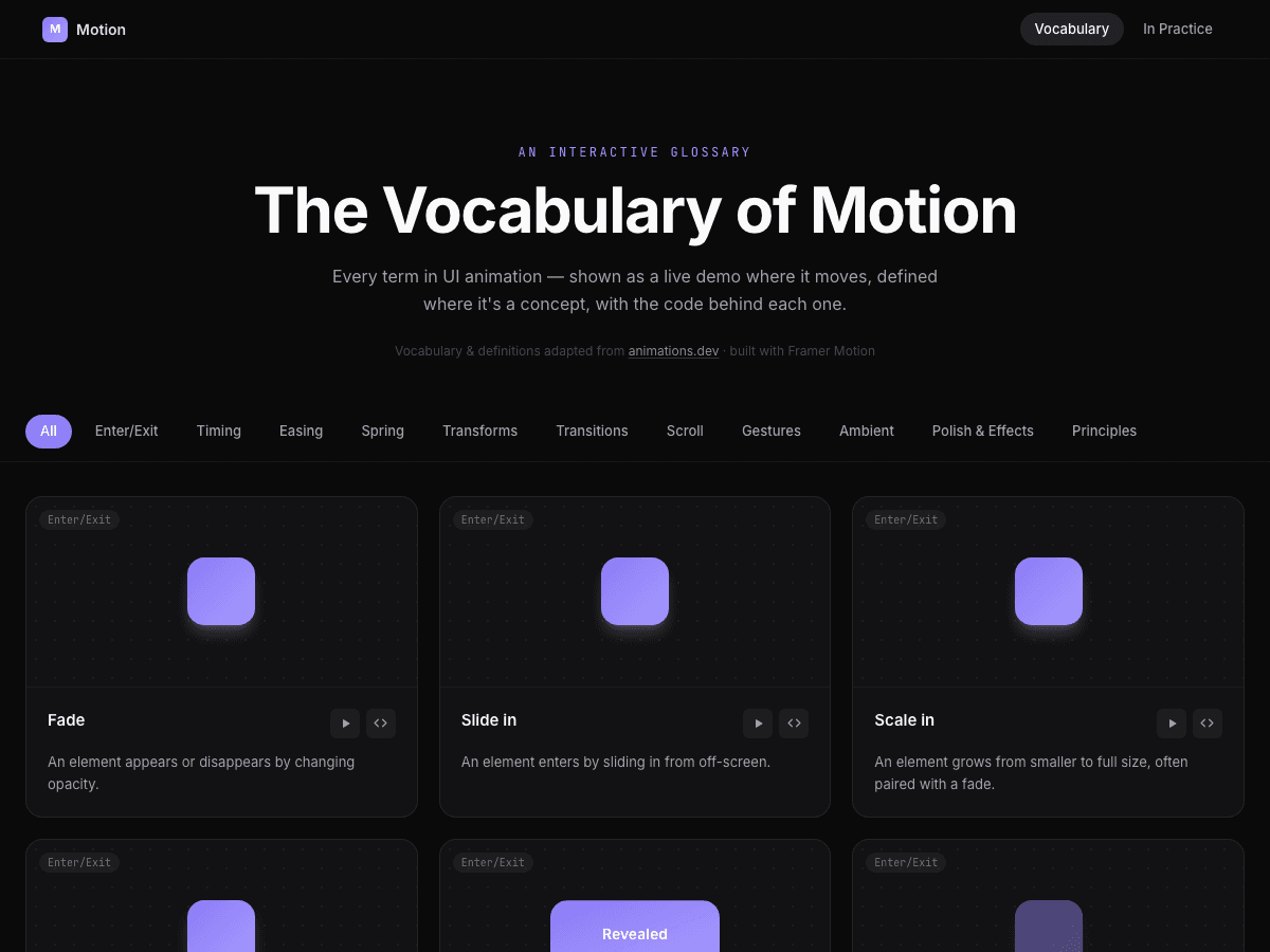 The Vocabulary of Motion — dark glossary homepage with category filters and a grid of live animation demo cards