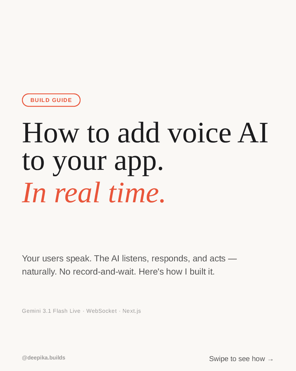Carousel cover — 'How to add voice AI to your app. In real time.' in serif type on cream