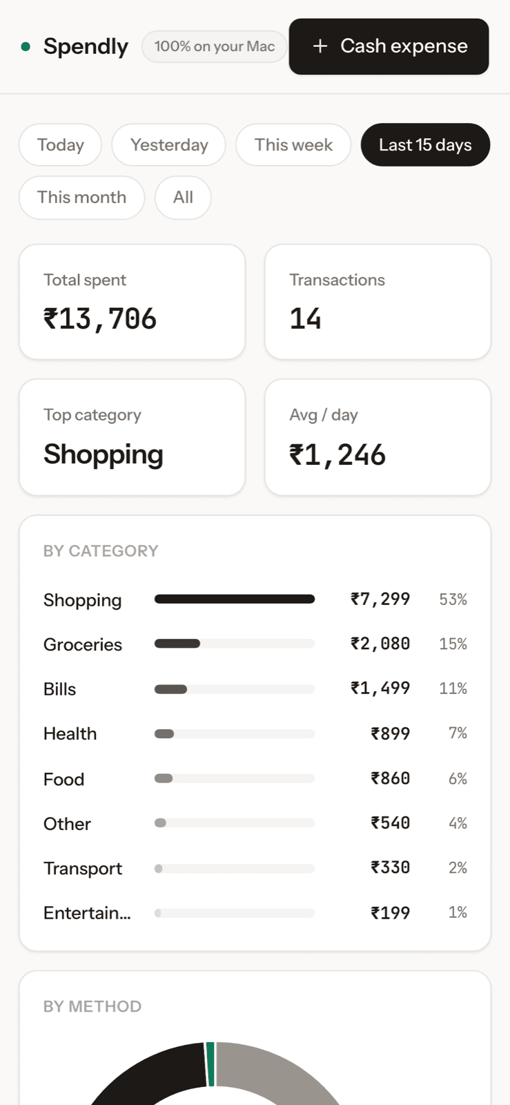 Spendly as a phone app — total spent, transactions, and category breakdown on demo data