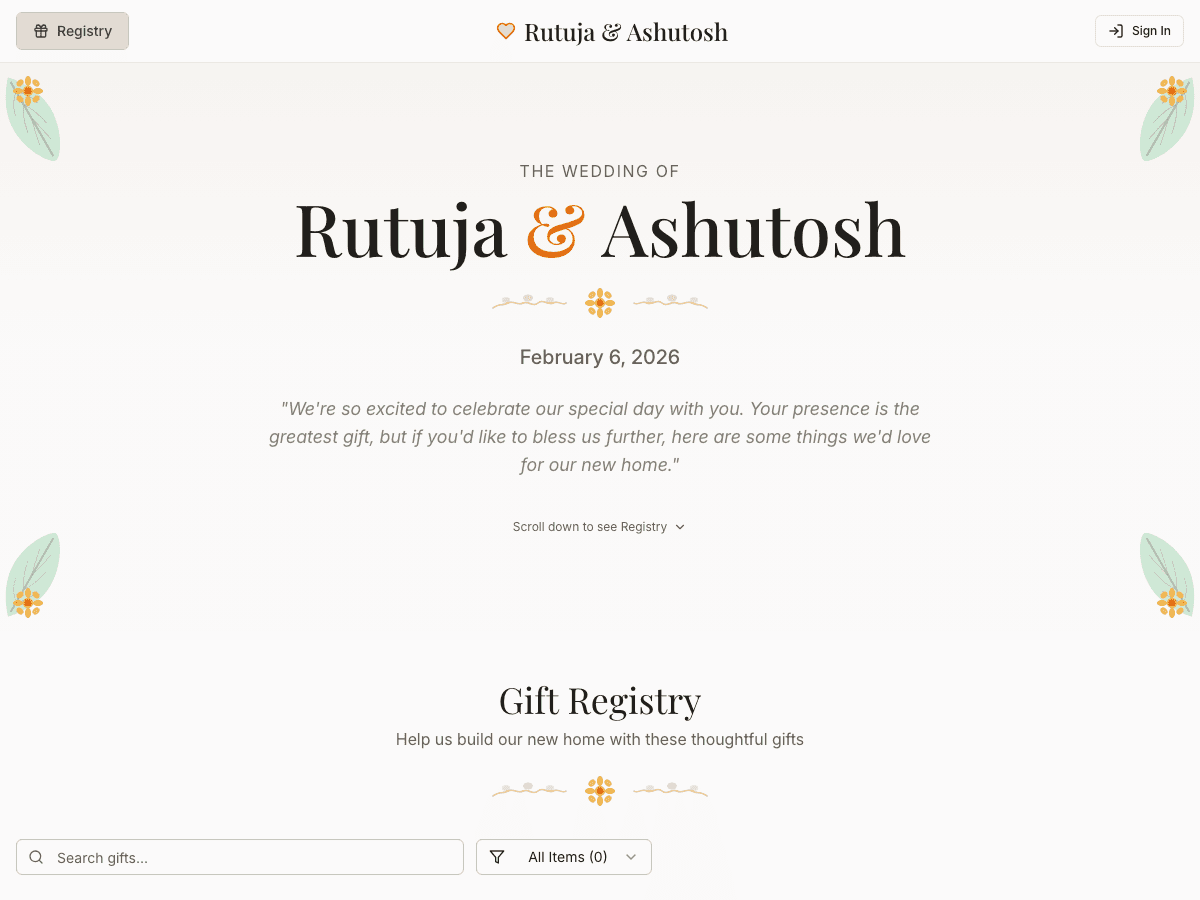 Wedding registry homepage — beige floral design with serif names, wedding date, and a gift registry section with search and filters