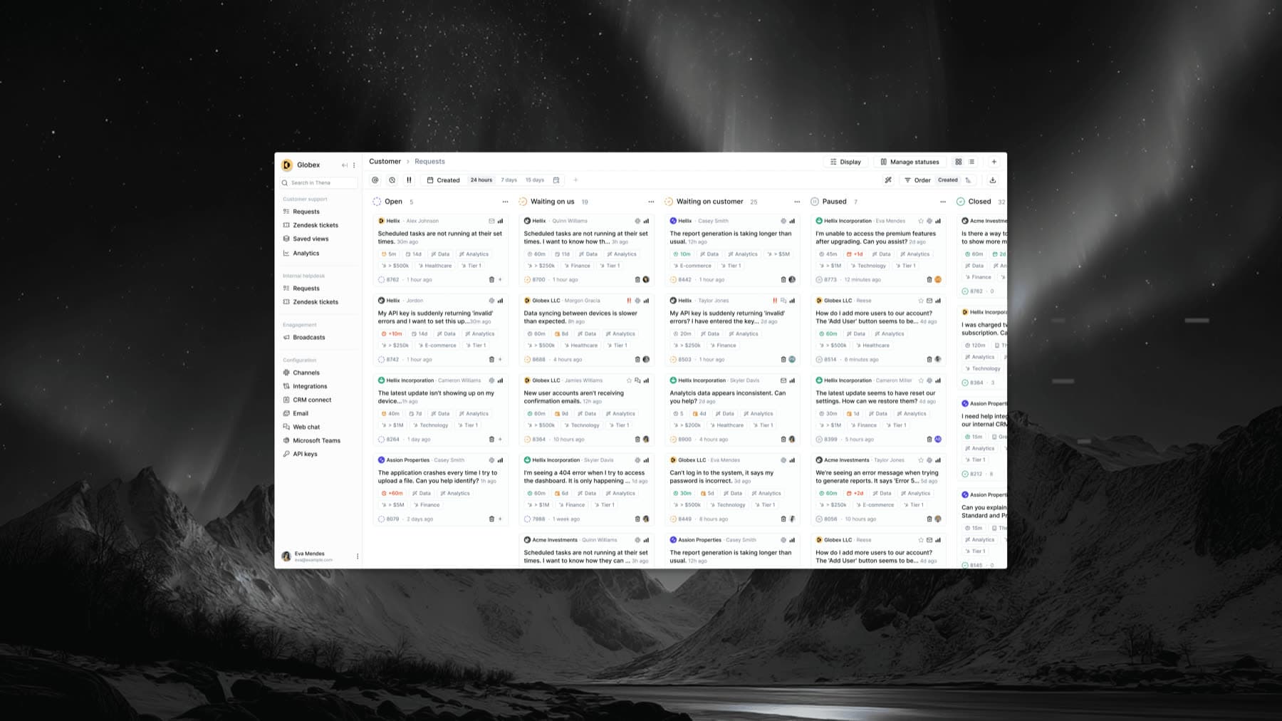 Thena's redesigned kanban workflow view on a dark backdrop