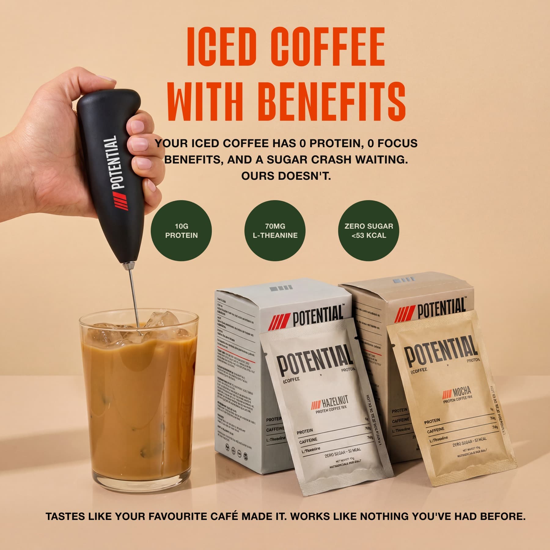 Static ad — 'Iced coffee with benefits' with frother, boxes, and pour shot on orange