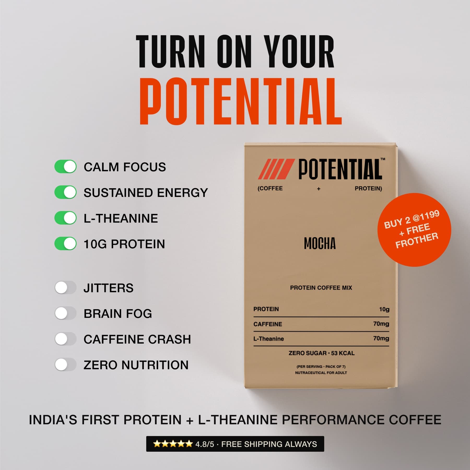 Static ad — 'Turn on your Potential' toggle checklist beside the Mocha box