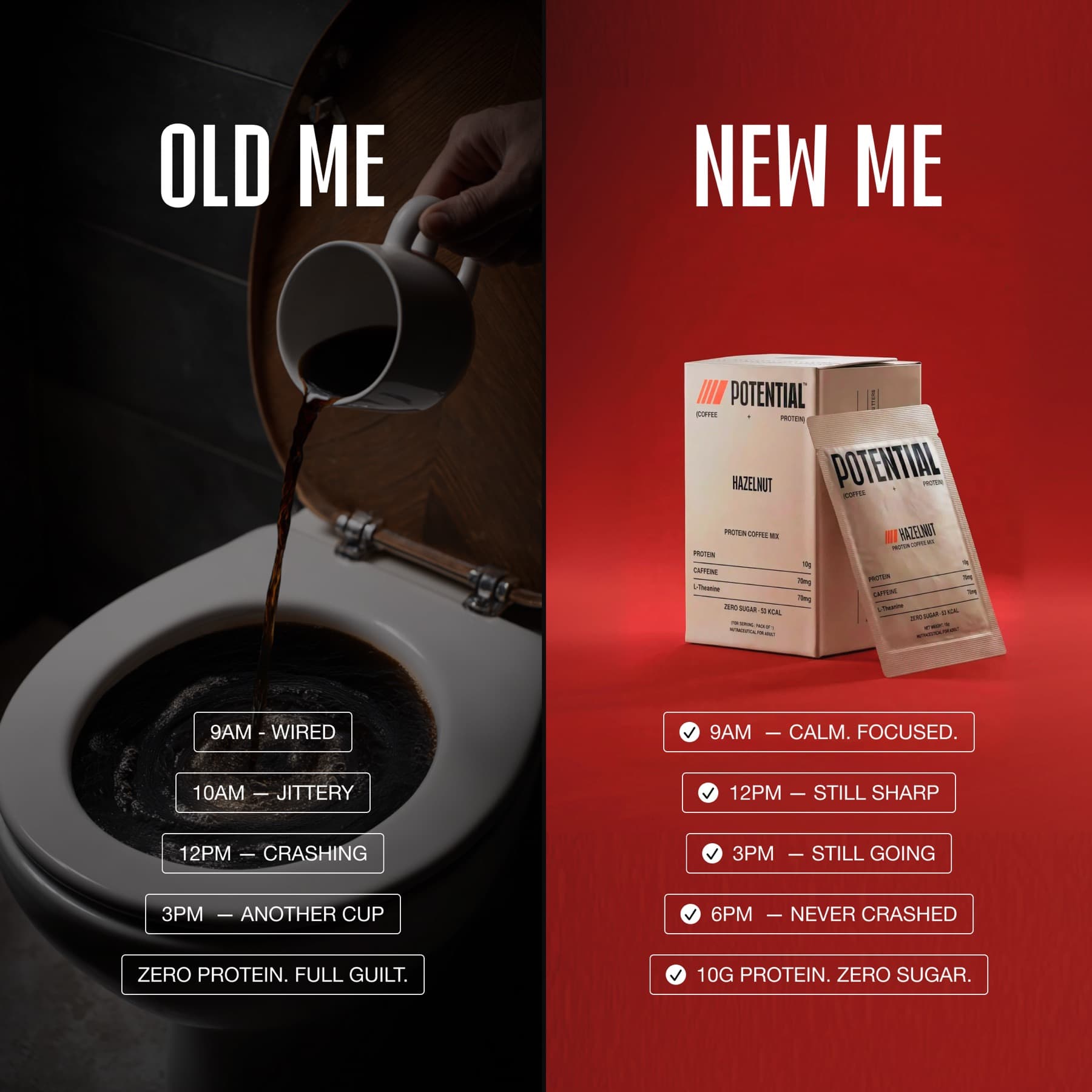 Static ad — 'Old me / New me' split-frame comparison