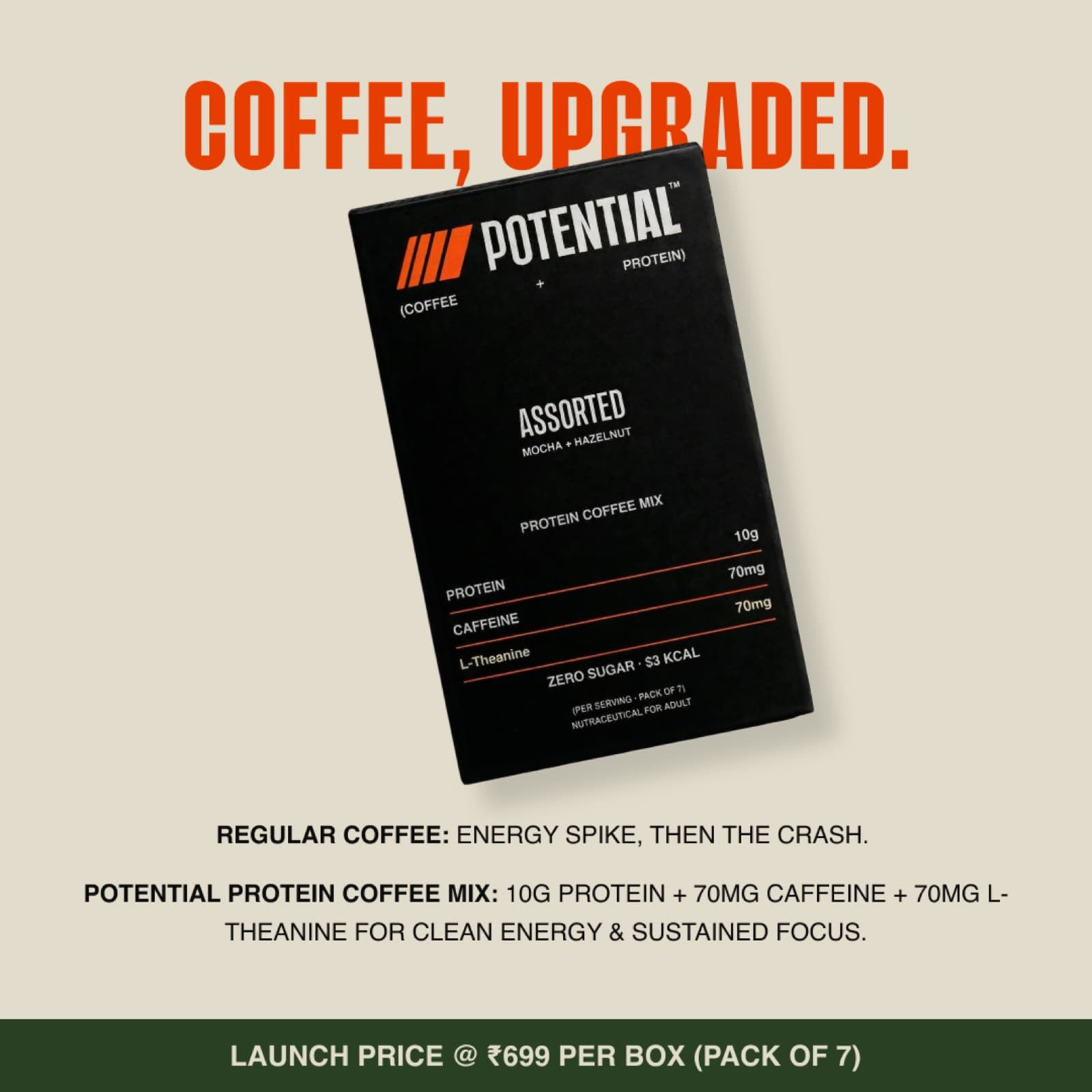 Static ad — 'Coffee, upgraded.' black box editorial on cream