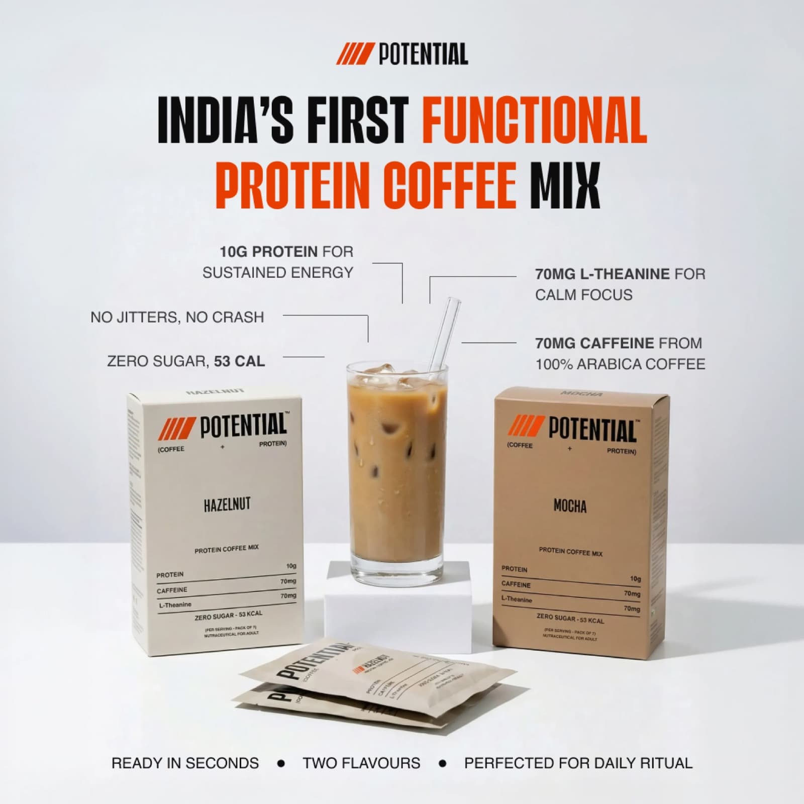 Static ad — clean studio hero, both flavours, 'India's first functional protein coffee'
