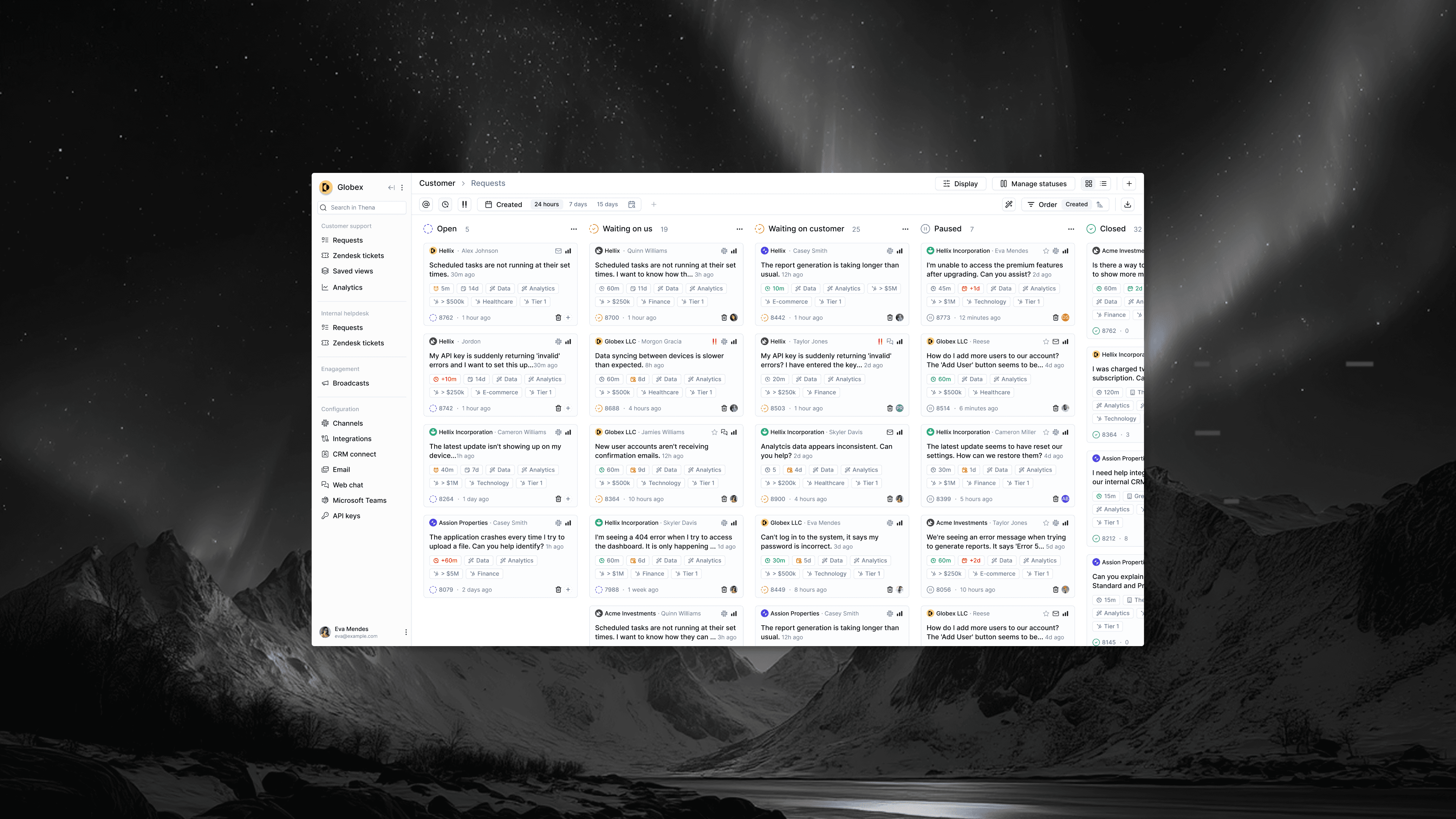 Thena's redesigned product — the rebuilt kanban and inbox on a dark backdrop