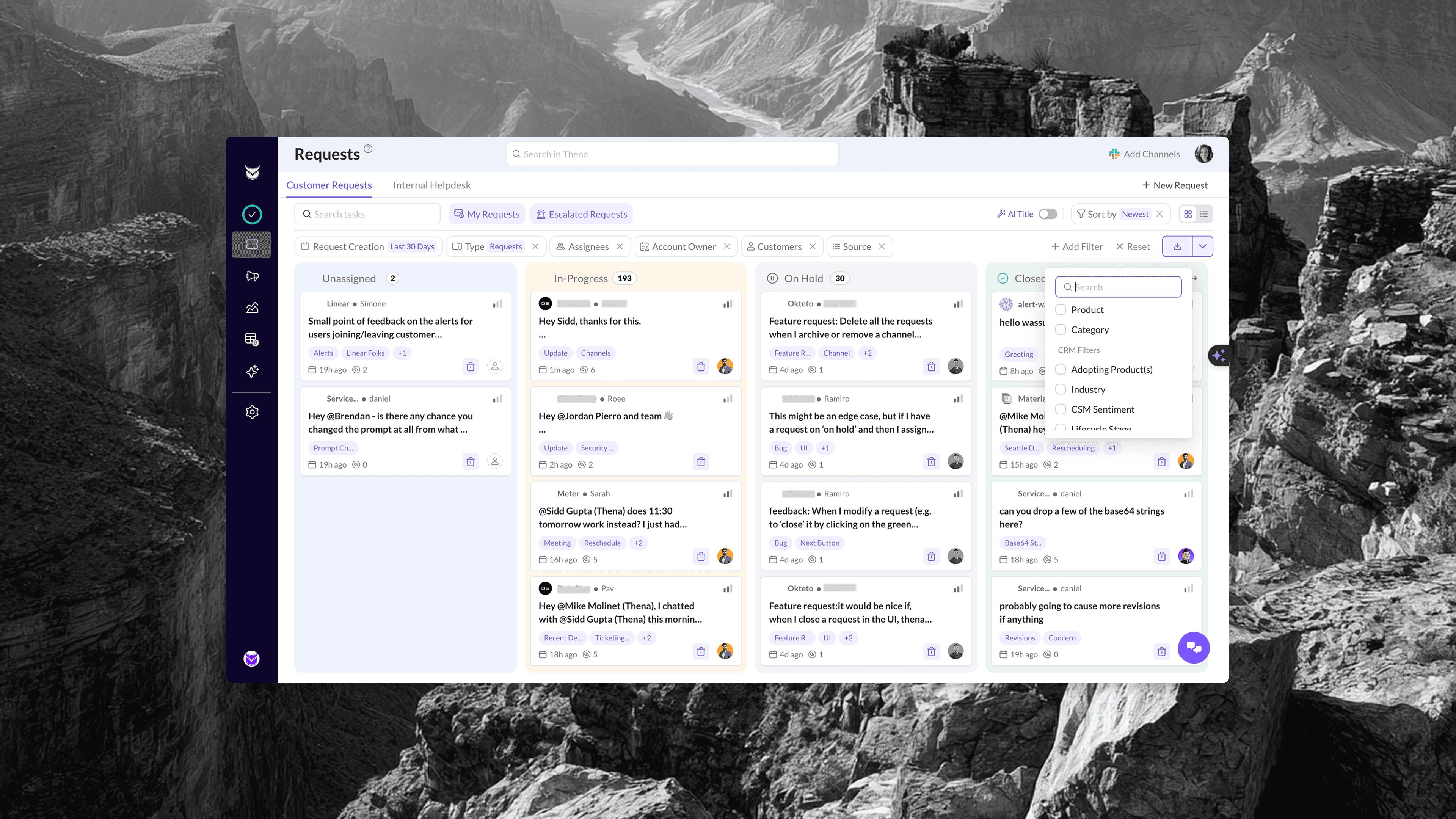 The old request kanban with minimal filtering and inconsistent cards