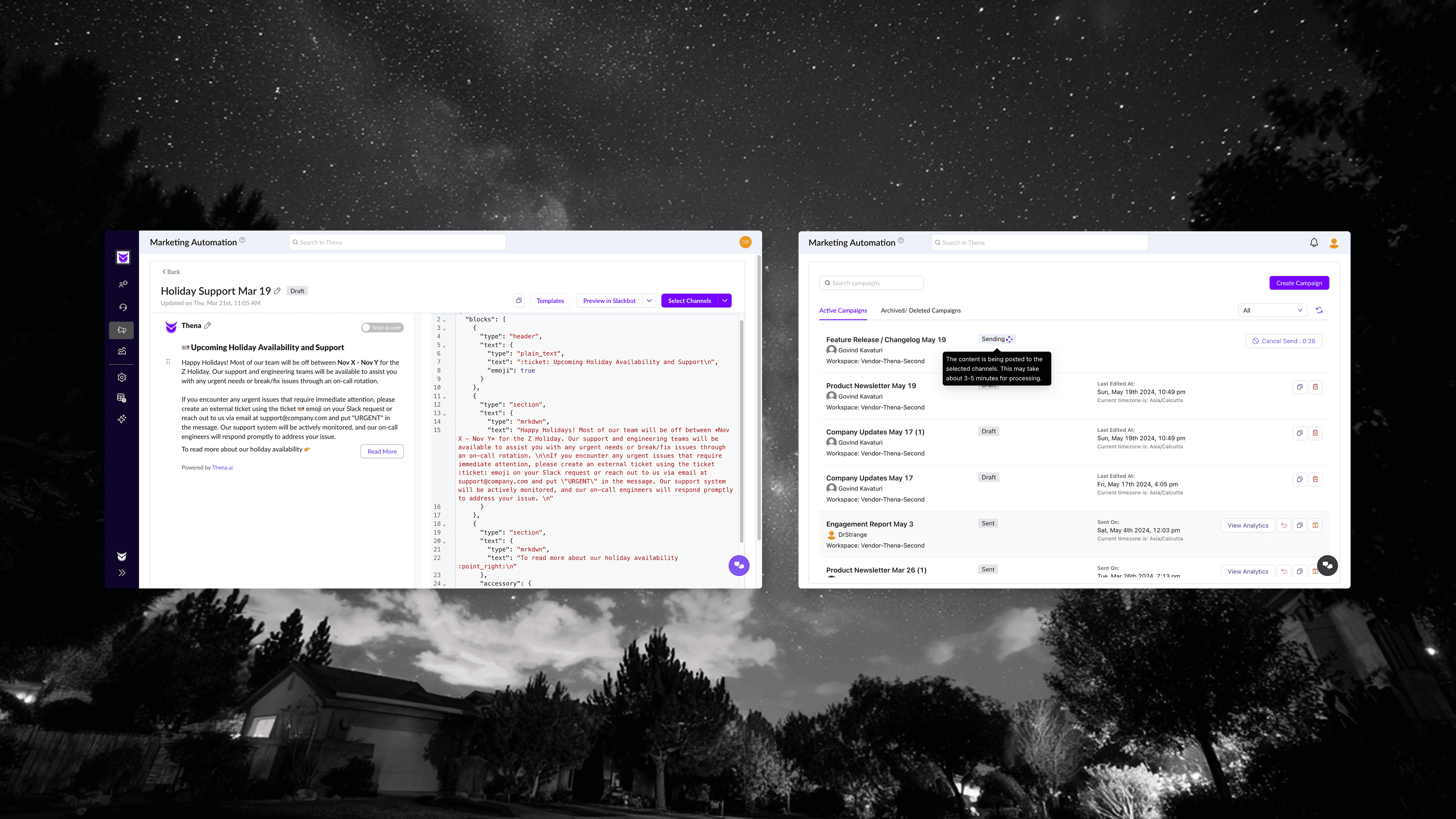 The old Marketing Automation feature: card-based, cluttered, with a raw JSON editor