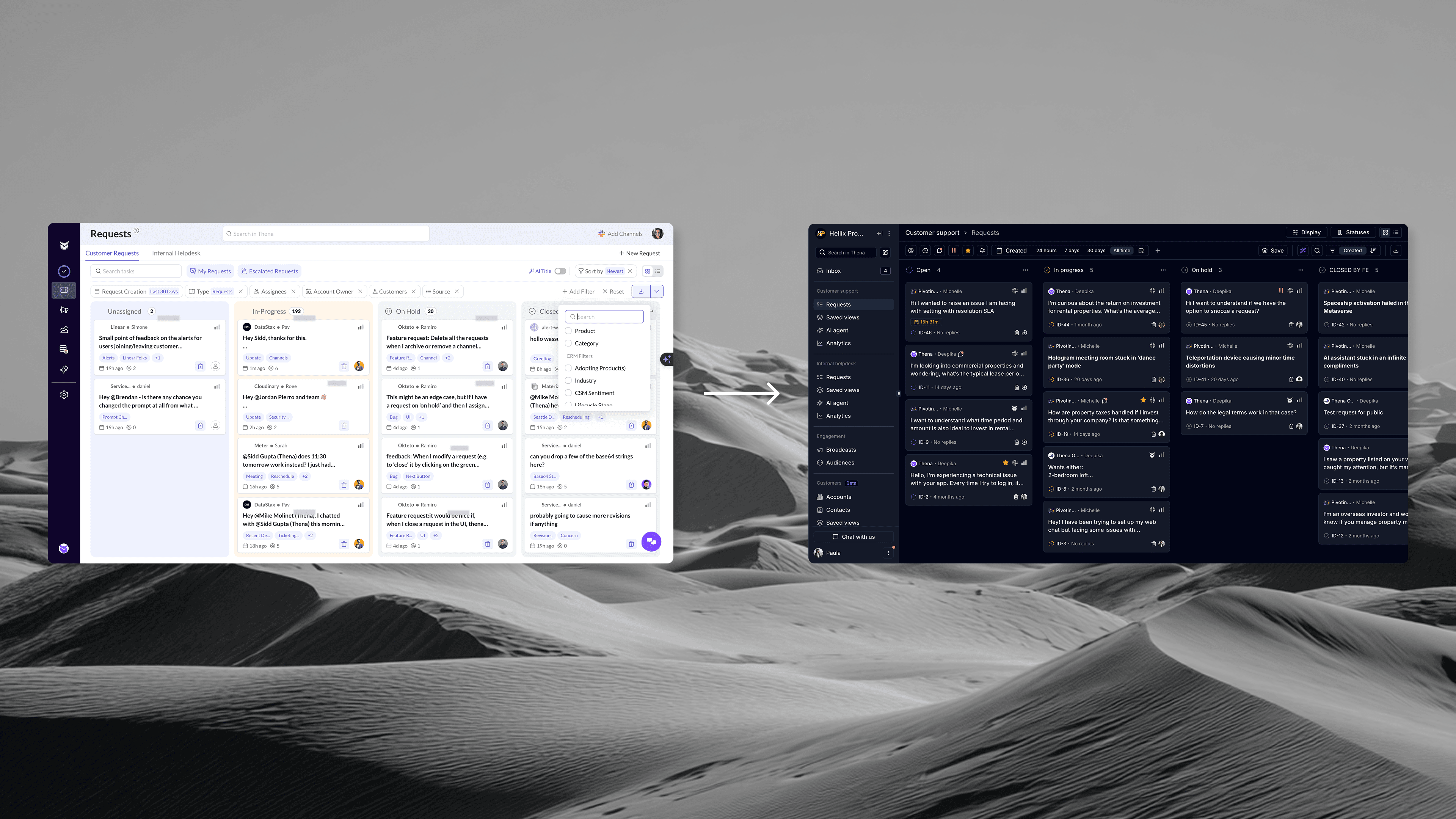 The redesigned kanban board with a robust filter bar, saved views, and column counts