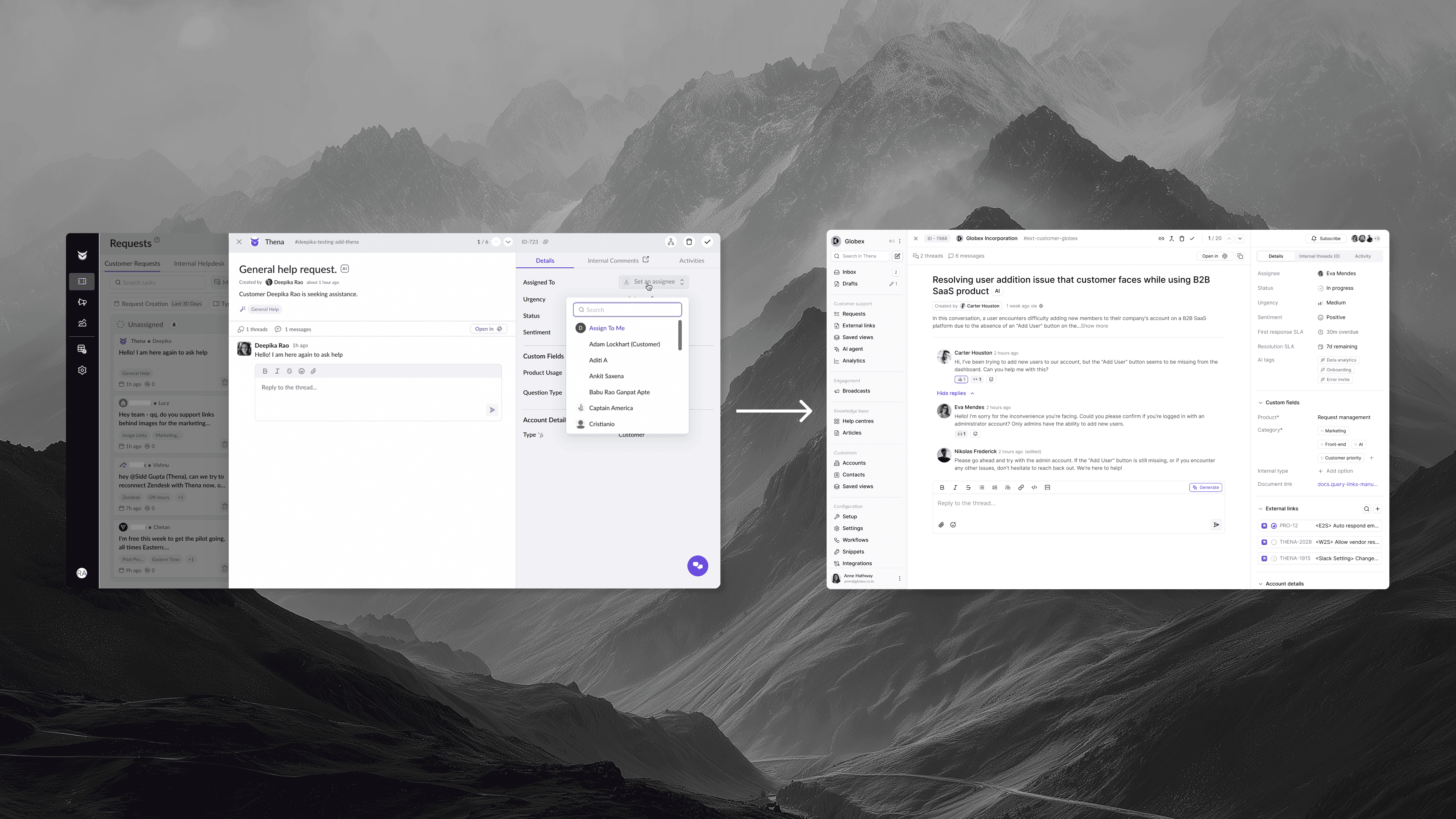 The redesigned ticket drawer: a clean three-panel layout with conversation, details, and quick actions