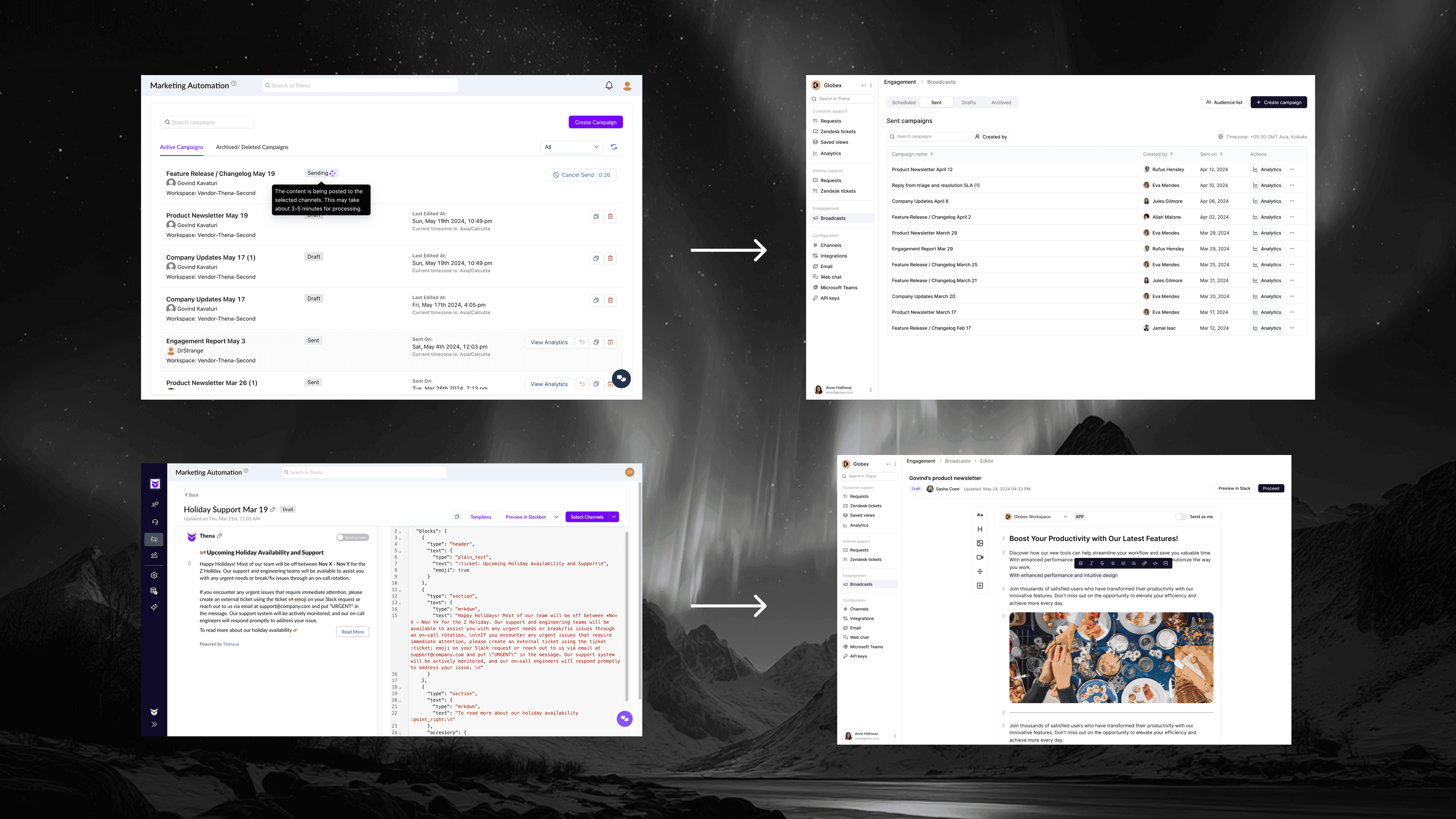 The redesigned Broadcasts experience with a visual template picker and rich-text editor