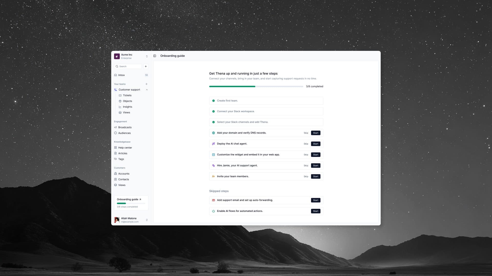 The onboarding guide: a step-by-step setup checklist with progress tracking and Skip/Start options