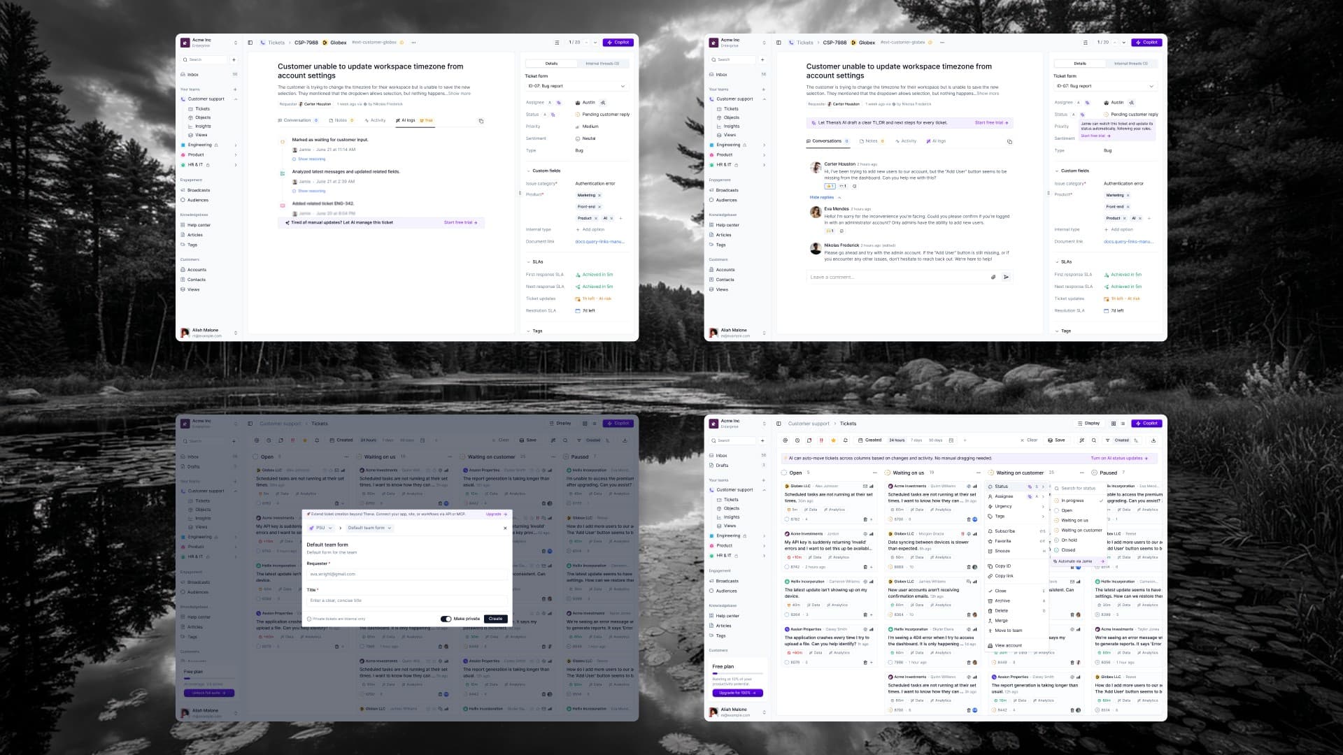 Contextual prompts across the product: sidebar upgrade nudges, AI feature discovery, trial badges, and hover tooltips