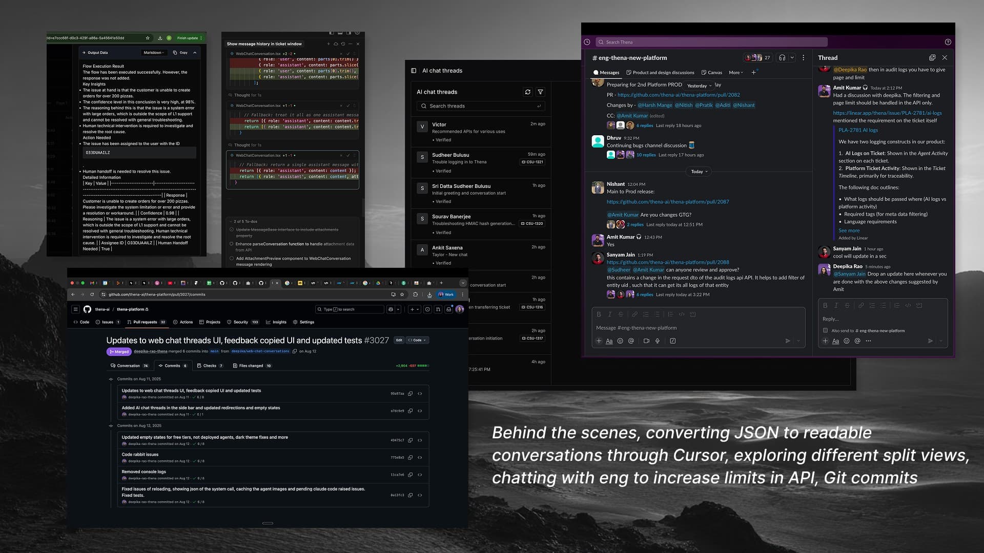 AI Chat Threads: split-view interface with a filterable thread list on the left and the full conversation on the right