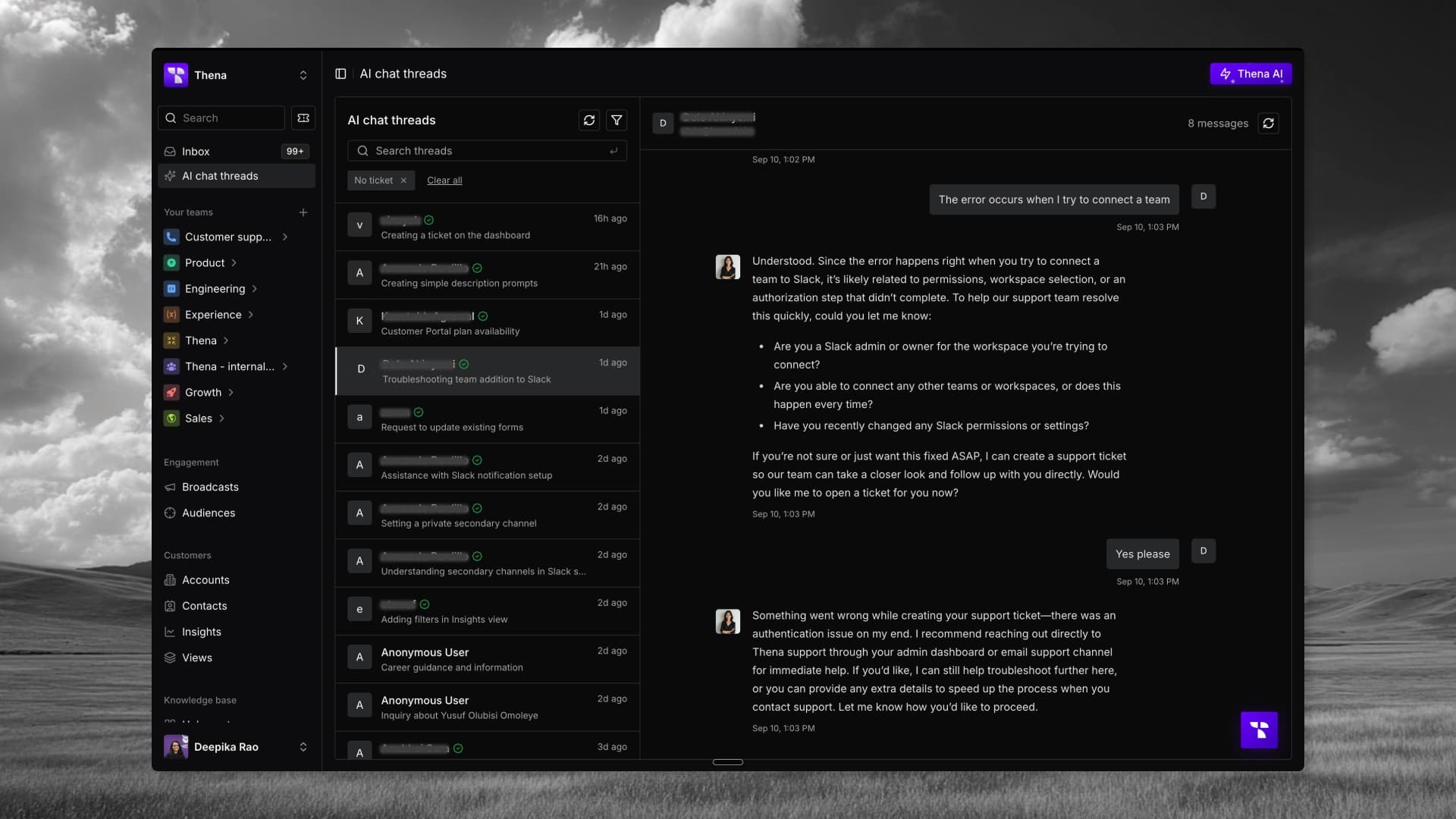 AI Chat Threads in the product, showing conversation monitoring with feedback controls