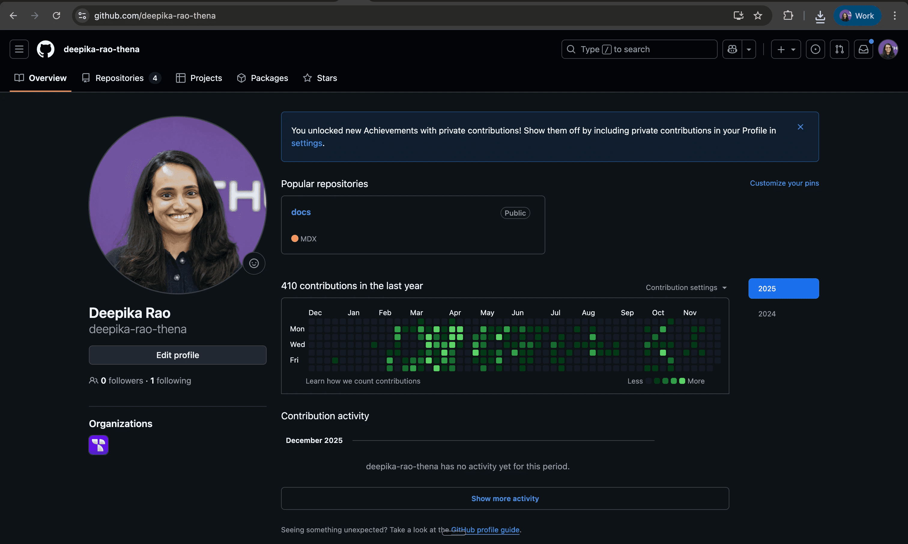 GitHub contribution graph showing 410 contributions in 2025